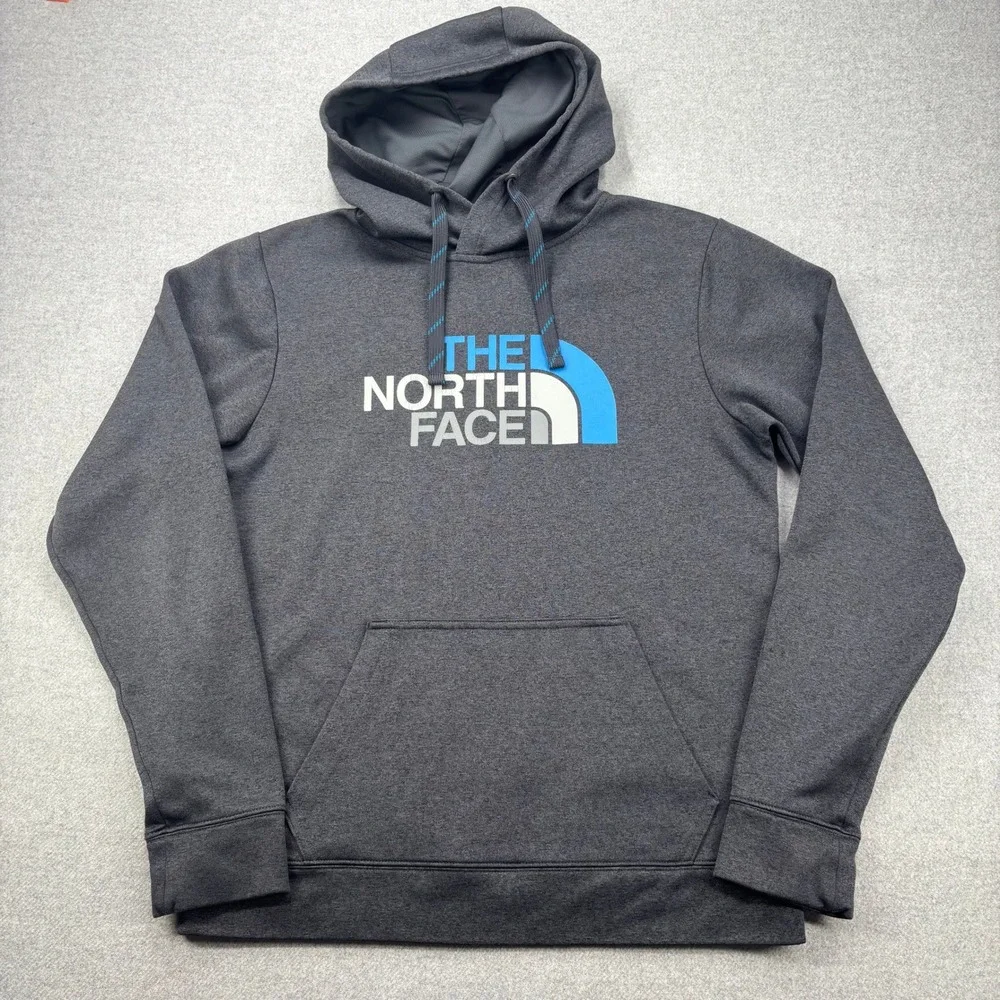 The North‎ Face Hoodie Mens Small Gray Blue Logo Spellout Pullover Sweatshirt